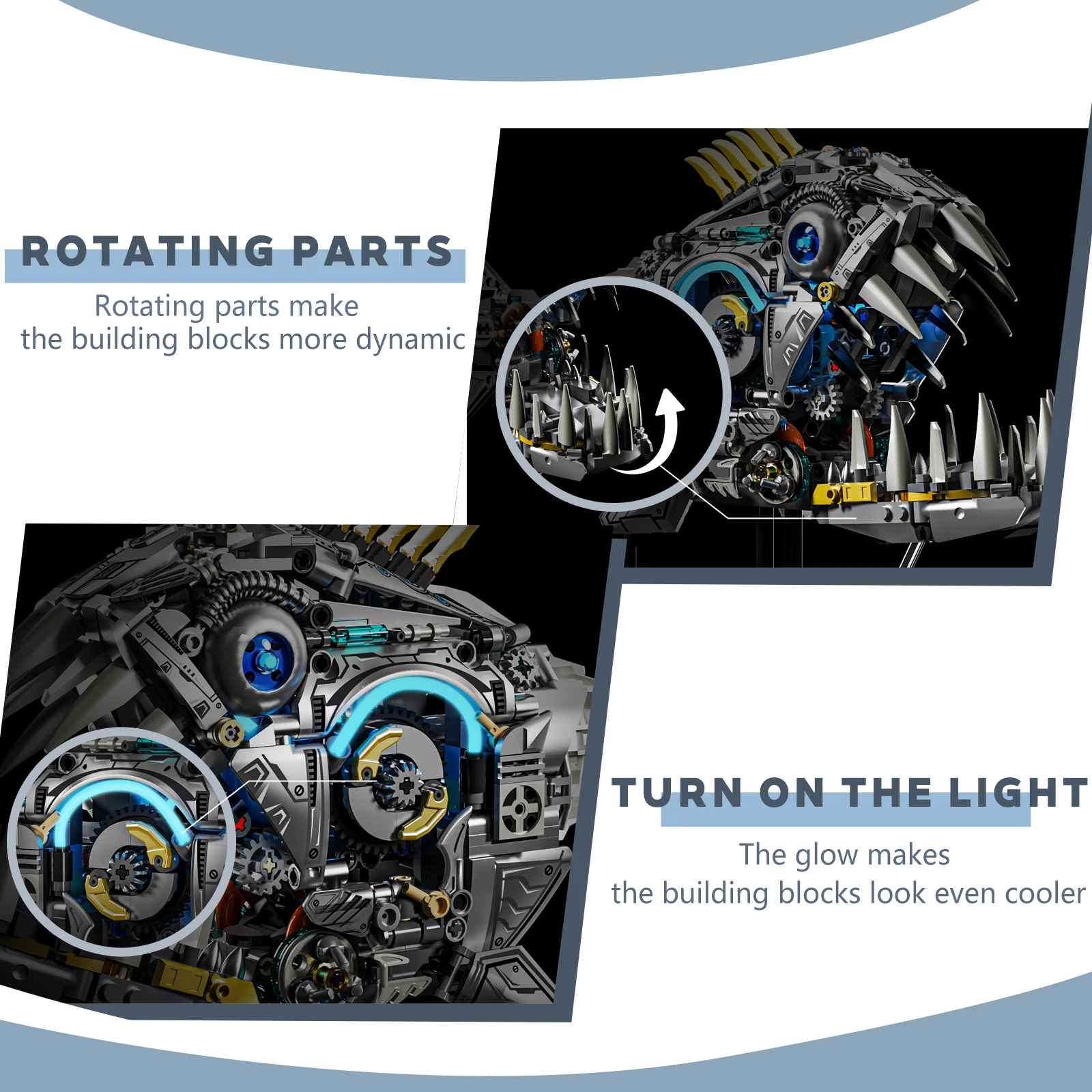 Steampunk-style animal building blocks, featuring articulated walking skeleton pieces with light-up functionality. Ideal for tab