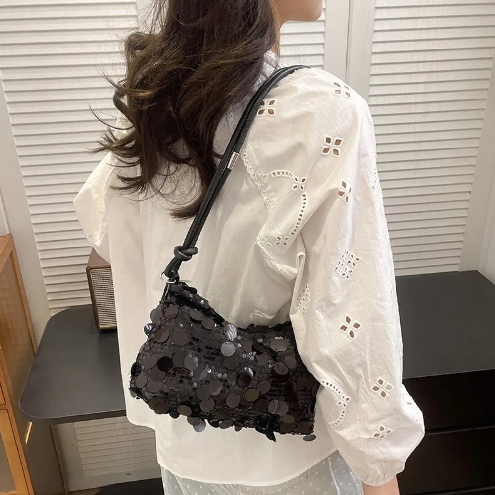 Elegant Sequin Evening Clutch Glitter Polyester Lining Sparkly Shoulder Bag PU Knotted Handle Large Capacity Hobo Bag Daily