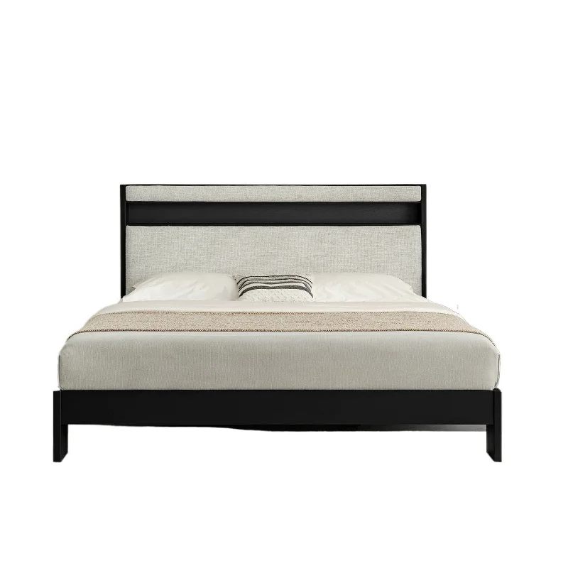 LH modern simple solid wood high backrest black double master bedroom soft bag bed