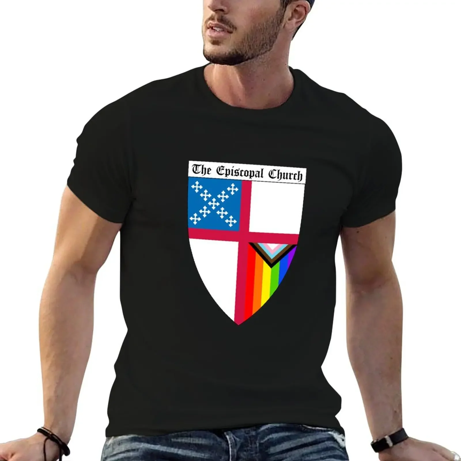 Эпископальный церковный щит с прогрессивным флагом гордости, вертикальная Радуга, футболка с вырезами PNG 2, винтажная одежда, мужские футболки
