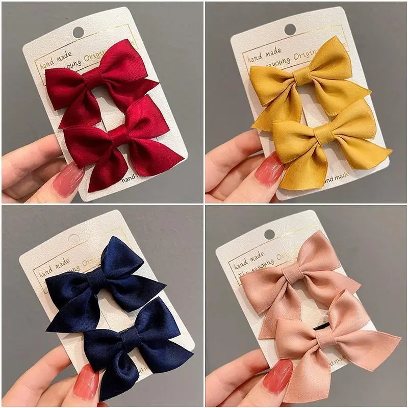 2Pcs Solid Grosgrain Ribbon Bowknot Kids Hair Clips Handmade Bows Baby Girls Barrettes Hairpins Photo Props Gift Set