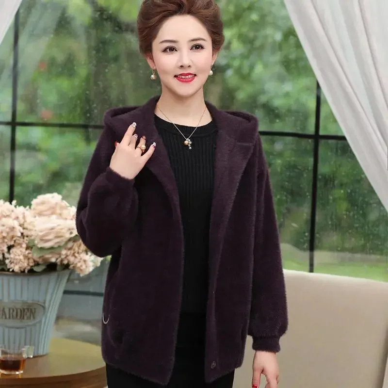 Imitation Mink Velvet Coat Women\'s Spring Autumn Sweater Thickened Jacket Hooded Knitting Outwear 2024 New Cardigan Female Tide