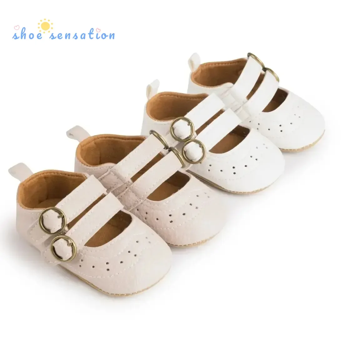 Meckior Baby Boy Girls Shoes PU Leather Toddler First Walker Crib Shoes Newborn Double Buckle Anti-Slip Rubber Dress Shoes