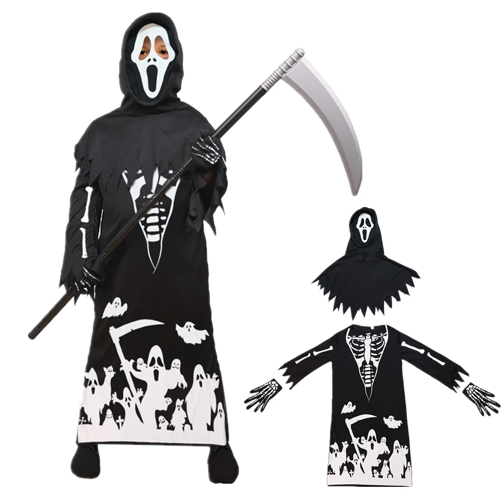 NEW Grim Reaper Halloween Kids Costume Trick or treating Ghost Cosplay Outfits with Mask Gloves Death Scythe