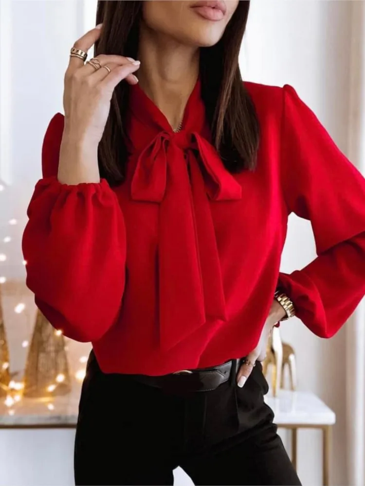 Elegant V-neck Long Sleeve Lace Top For Women's Fashion Spring And Autumn Solid Color Office Lady Loose New Shirt Female