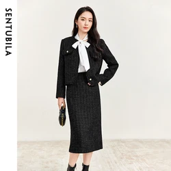 SENTUBILA Skirt Sets Women Outfits 2024 New Winter Vintage Round Neck Jackets High-waist Straight Skirts Two Piece Set 144Z57655