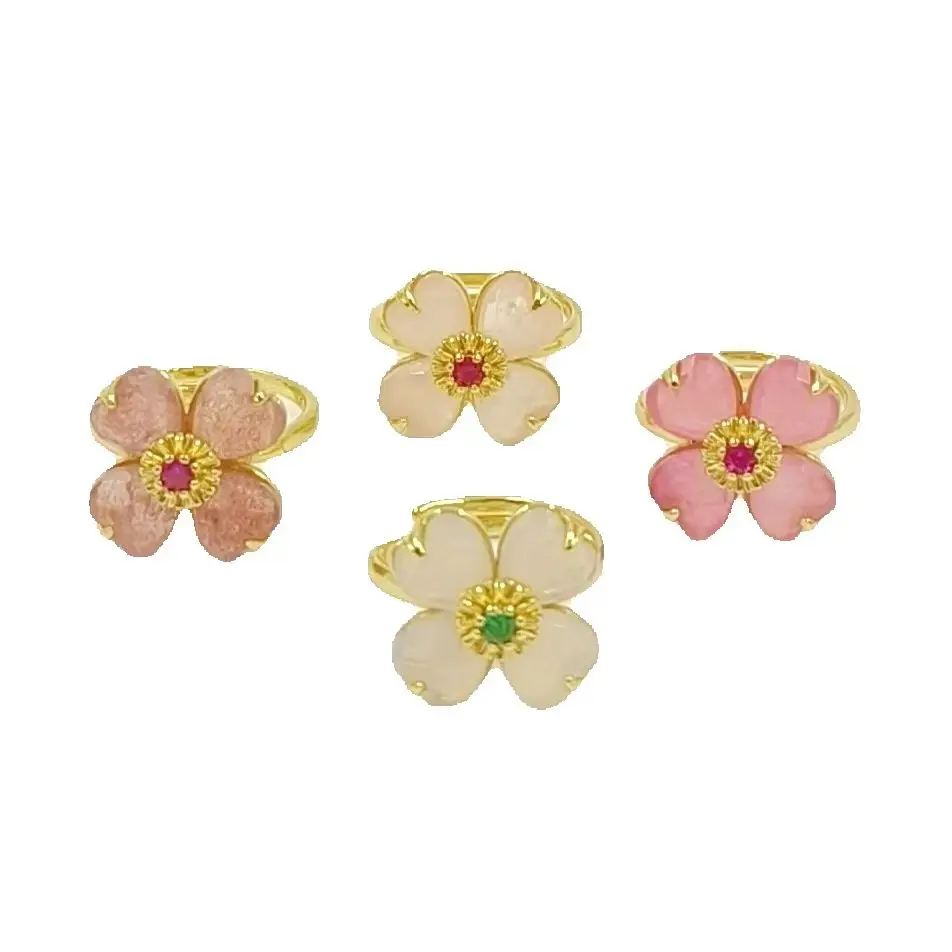 WT-R602 Lucky Four-Leaf Clover Flower Lapics Strawberry Quartz Gemstone Charms With CZ Paved Adjustable 18K Gold Plated Ring