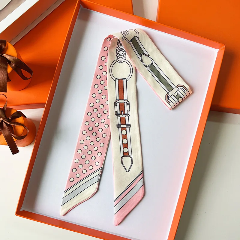 Bufanda de mujer, bufanda de seda delgada, diadema, cinturón, pañuelo con estampado de cadena, bolso con asa pequeña, cinta, pañuelo para la cabeza, bufandas y envolturas