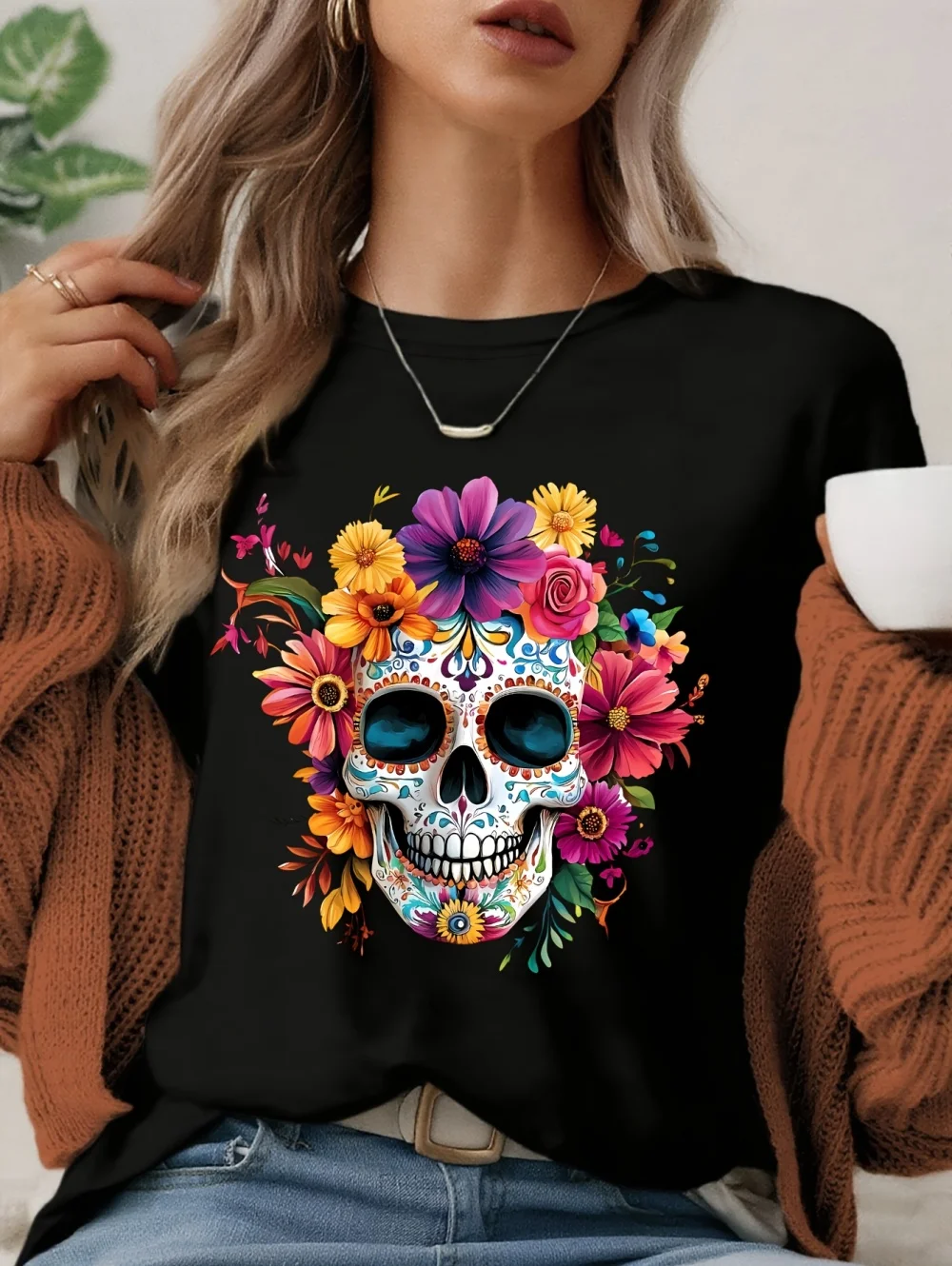 Day of the Dead Sugar Skull Pattern Women's T-Shirt Casual O-Neck Short Sleeve Tops Tees Summer Outdoor Wear Women's Clothing