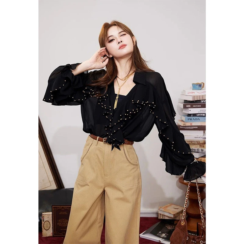 

MEXZT Vintage Black Shirts Women Elegant Beading Ruffles Blouses Summer Office Ladies Korean V Neck Flare Long Sleeve Tops New