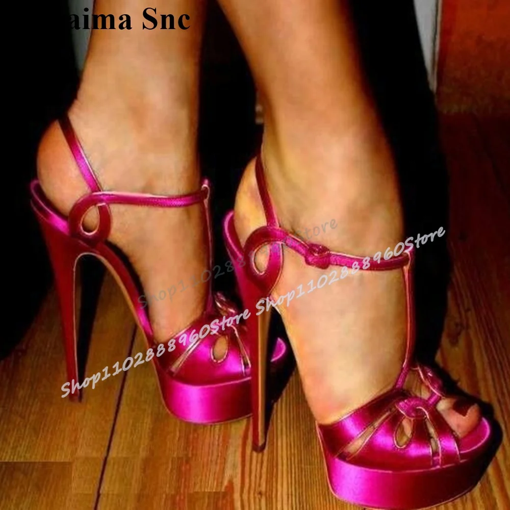 

Sexy Rose Red Satin T Strap Platform Sandals Stilettos High Heel Shoes For Women Ankle Buckle Strap Peep Toe Luxury Sandals