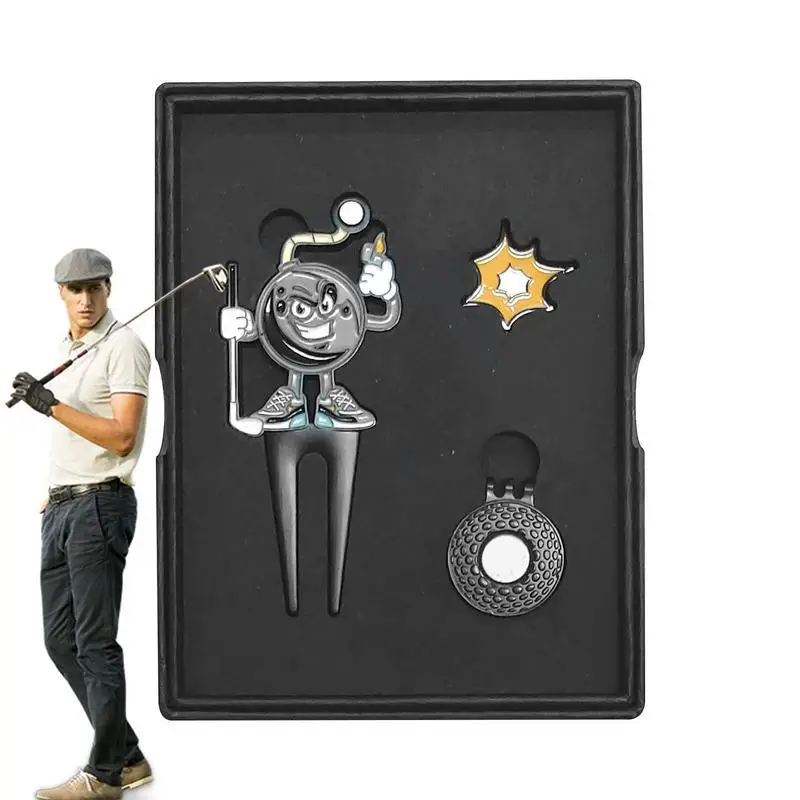 

Creative Golf Gift Set Funny Golf Divot Fork Repair Tool Magnetic Golf Ball Marker With Hat Clip Golfs Club Groove Cleaner Set