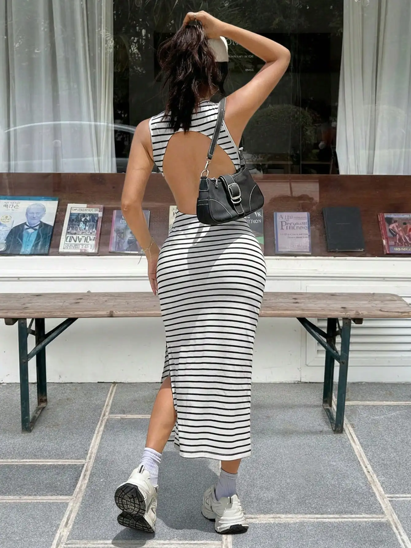 

Женское летнее повседневное модное платье миди в полоску с открытой спиной и боковым разрезом