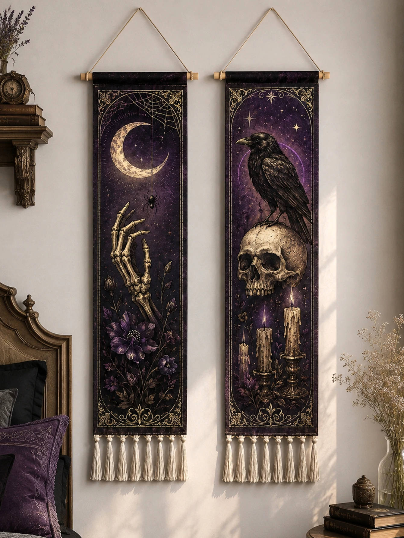 Halloween-Wandteppich mit Quasten, Gotische Hexe, Schwarze Katze, Krähe, Geisterhaus, Totenkopf-Druck, Vintage Grusel-Wandbehang Deko – Detail 39