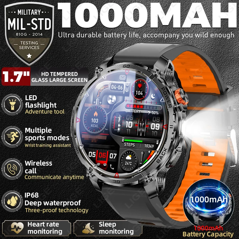 

Смарт-часы LIGE New с аккумулятором 1000 мАч, большим экраном 1,7 дюйма, фонариком, Bluetooth-звонками, водонепроницаемостью IP68, для мужчин, спортивные часы