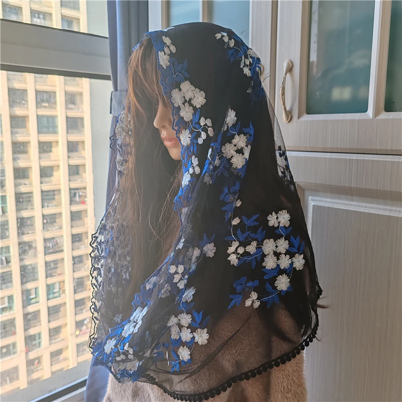 Infinity Blue Floral Women Veils Catholic Black Tulle For Mass Church Prayer Head Covering Vintage Chapel Embroidered Flowers