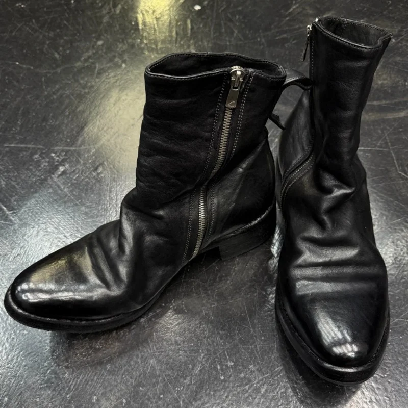 Retro Distressed Pleated Short Boots Black Leather Mid-Top Motorcycle Boots Luxury Designer Trendy Handmade Zipper Men's Boots