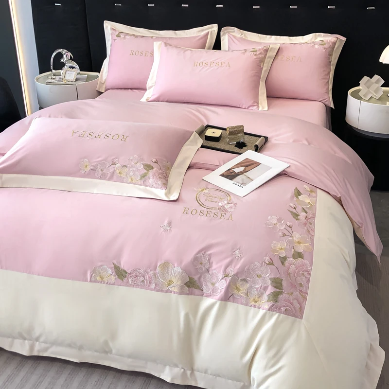 

Pink Flowers Embroidery Duvet Cover Set High end Long-staple Cotton Bedding Set Quilt Cover Bed Sheet Pillowcases Home Textile