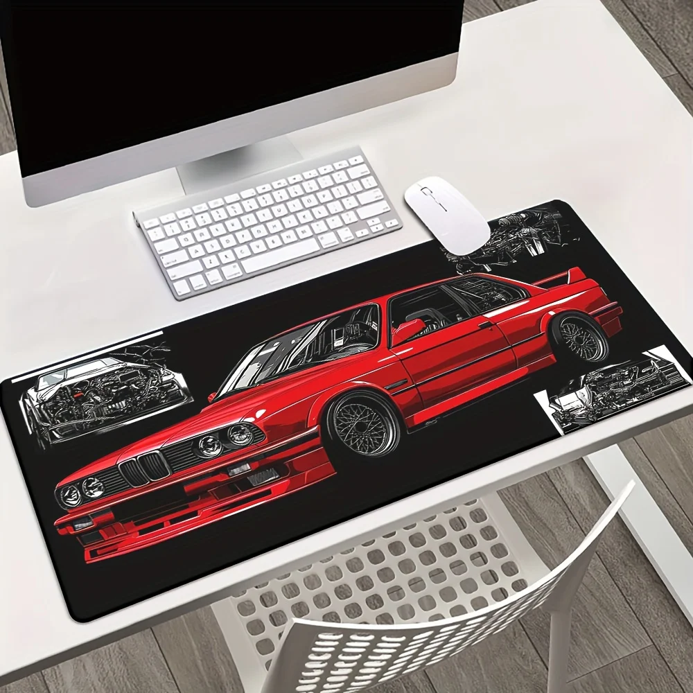 Tapis de bureau motif voiture sport rouge résistant, base antidérapante en caoutchouc, tapis de souris gaming adapté aux travailleurs et aux joueurs