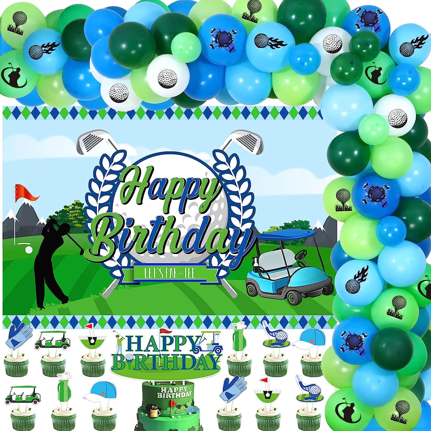 

Golf Balloon Garland Kit with Golf Theme Backdrop, Banner Garland, Cake Toppers, Happy Birthday Party Decorations, Blue and Gree