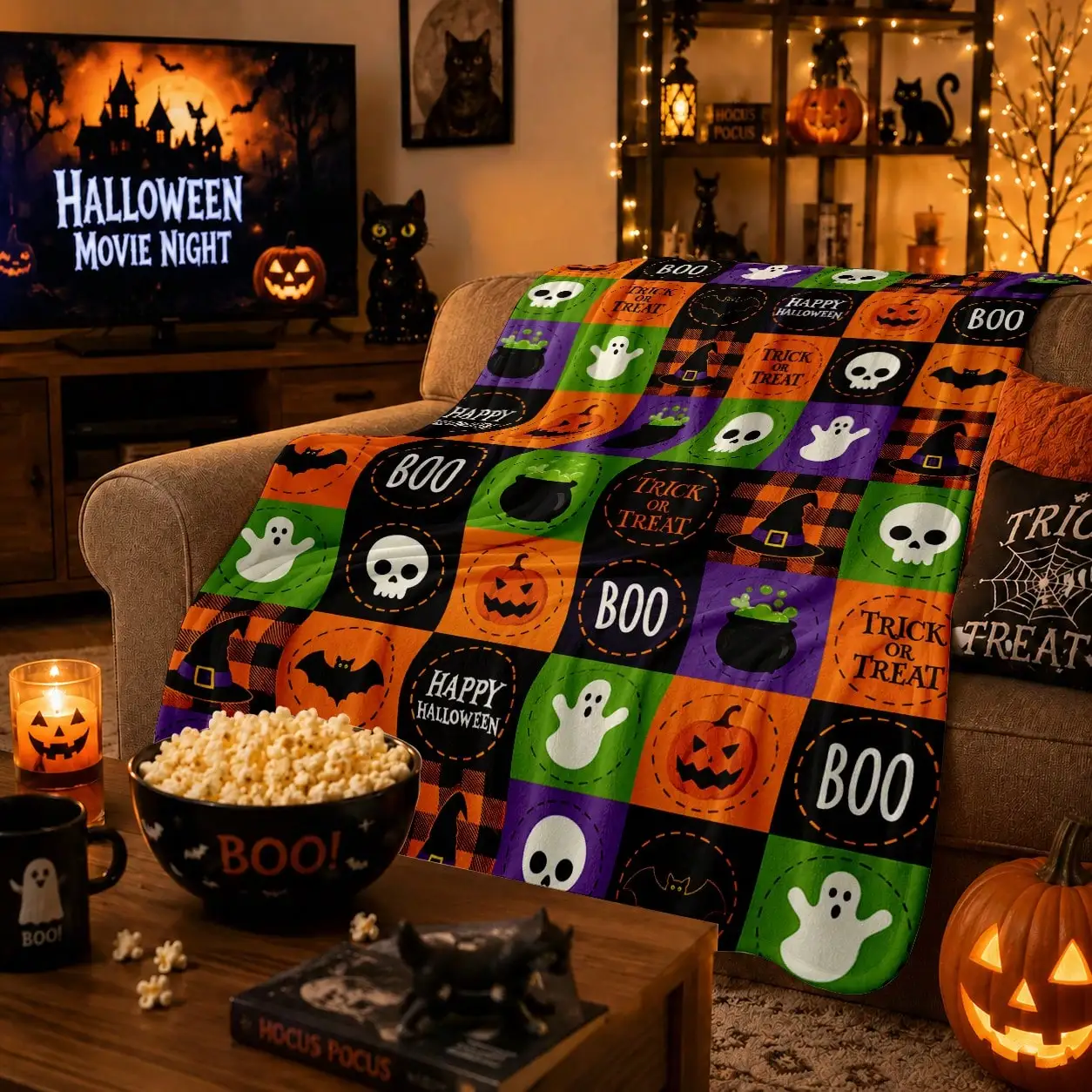 Halloween Ghost Skull Pumpkin Blanket Flannel Throw Sofa Couch Bed Bedroom Living Room Home Decor Reading Lounge Dorm Office Travel Daily Use Seasonal Housewarming Birthday Family Friends Thanksgiving Christmas Anniversary Party Holiday Gift