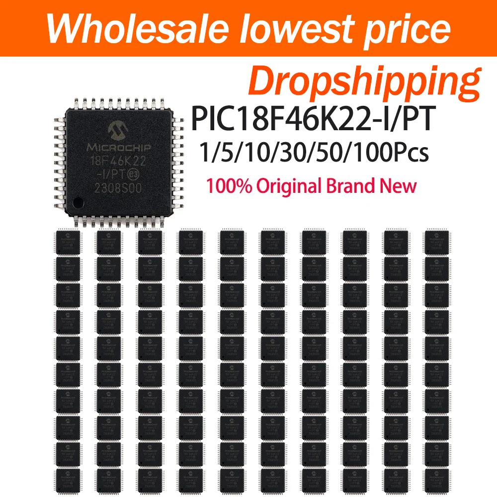 1/5/10/30/50/100Pcs Microchip PIC18F46K22-I/PT TQFP44 44Pin High Performance 8 Bit Microcontroller Integrated Circuit Chip