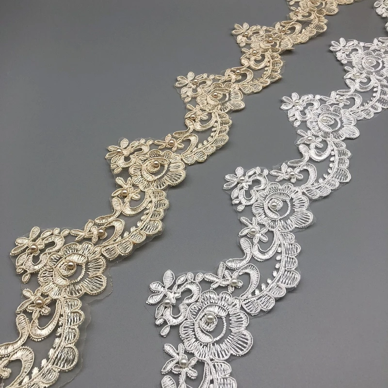 30Yards Pearls Beading Lace Trim Tulle Embroidery White Khaki Lace Fabric for Wedding Sewing