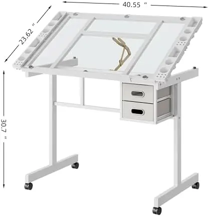 Rolling Drafting Table on Wheels, Painting Table Art Craft Desk Crafting Table with Tilting Transparent Tempered Glass