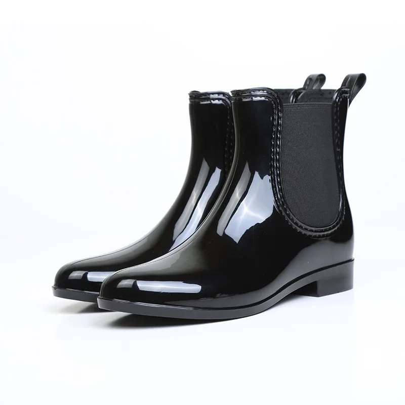 Women's Chelsea Low-tube Rain Boots Shiny Leather Rubber Shoes Waterproof Non-slip Low Heels Fashion Large Size Women Boots