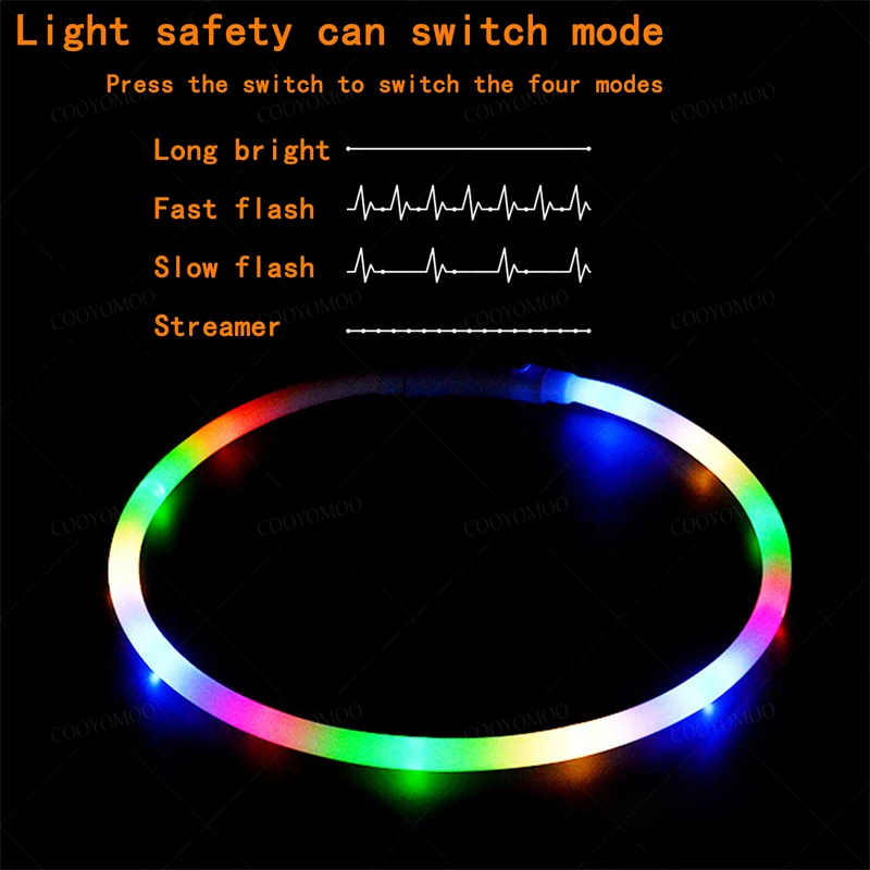 4-Modi Hund Luminou Charge Halsband Led USB Katze Silikon Bunte Halsbänder Cuttable Night Glow Haustier Verlust Prävention Hunde Zubehör – Detail 4