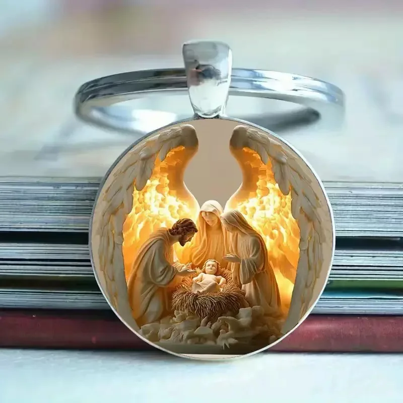 Einzigartiger flacher 2D-Schlüsselanhänger aus rundem Glas, Unisex, Weihnachtsgeschenk, Jesus, heilige Mutter, Anhänger, Dekoration, Amulett, Glücksschmuckstück