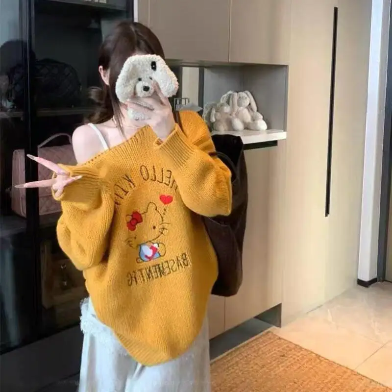 لطيف الحلو مرحبا كيتي سترة المرأة خارج الكتف طويلة الأكمام سترة الربيع والخريف لينة الراحة البلوز القمم تريكو #6