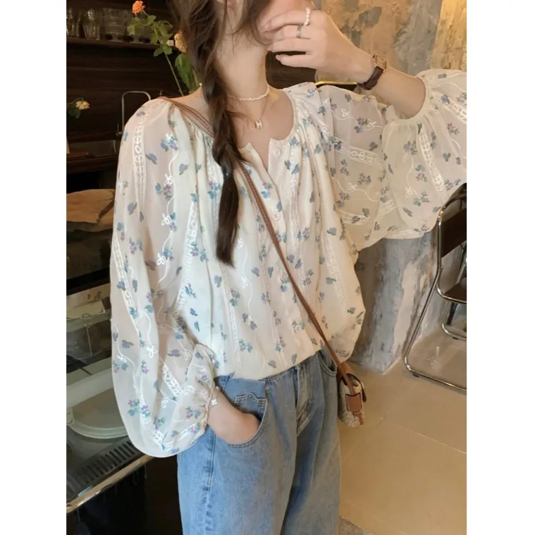 

Elegant Floral Long Sleeve Loose Women's Shirt round Neck Slimming Fashionable Top Gentle Style Chinese Brand Spring Summer