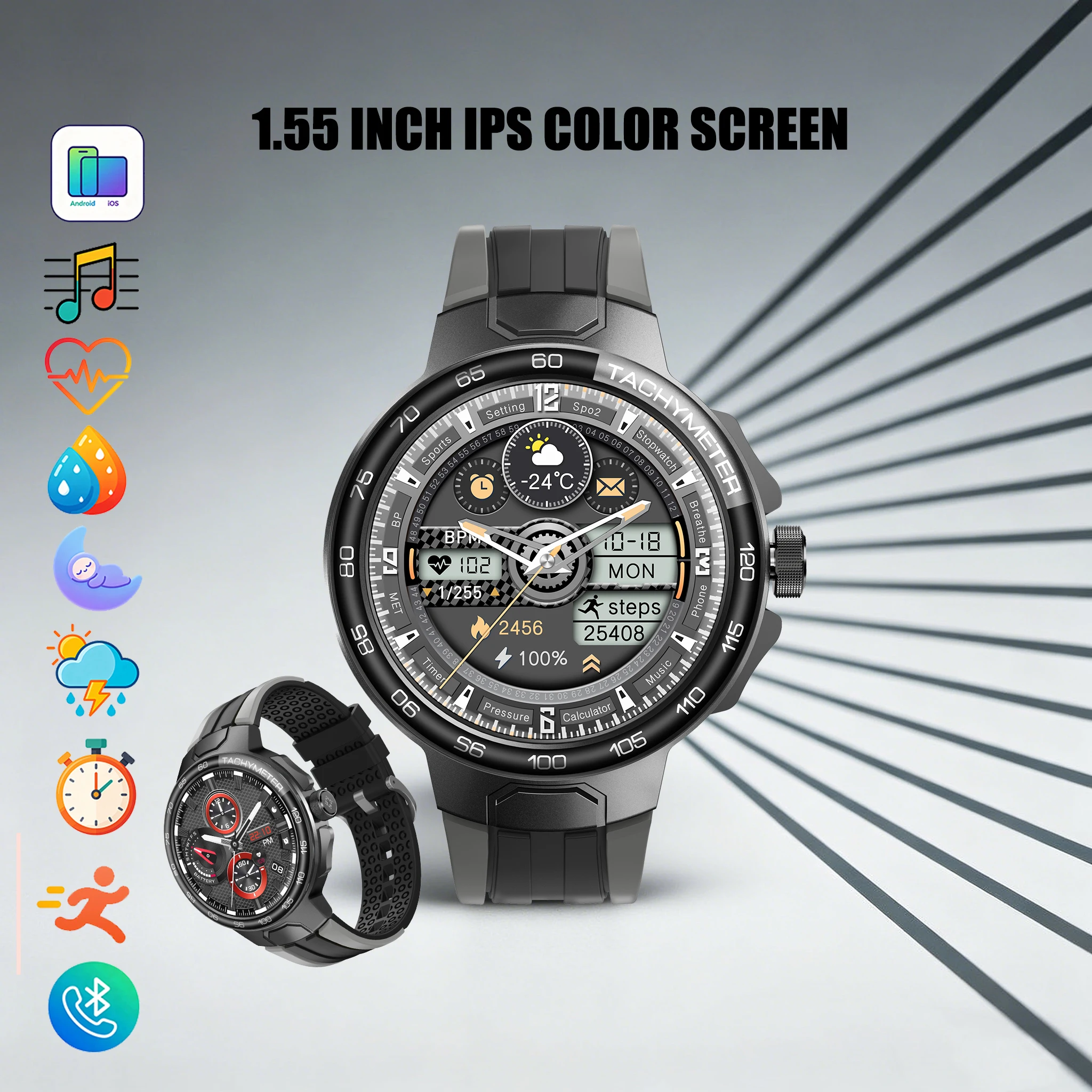 ROLLSTIMI Unisex Outdoor Sport Android&Ios Smartwatch Compatible Phone Reminder Heart Rate/Sleep Monitoring Multi-Language Watch