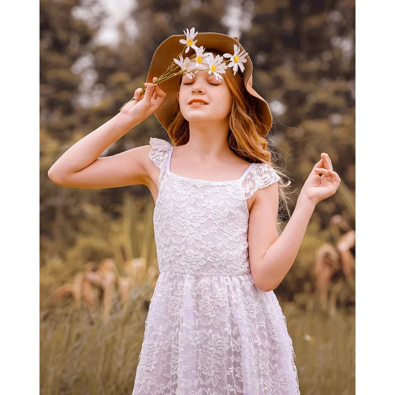 فستان دانتيل أبيض بوهيمي للأطفال ، زهرة فتاة ، فساتين طويلة للمراهقات ، ملابس أنيقة ، حفل زفاف ، طفل ، 3 سنوات ، 4 سنوات ، 6 سنوات ، 8 سنوات ، 10 سنوات ، 12 سنة
