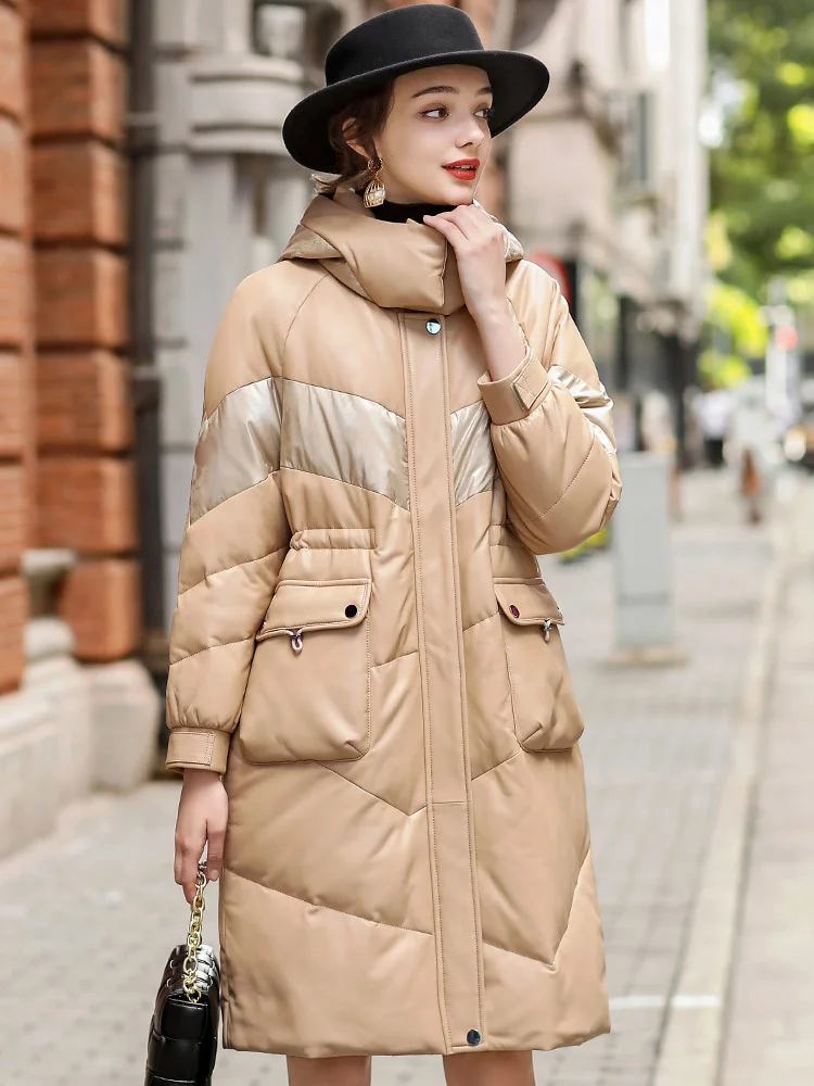 Winter Bati 2022 New Selection Sheepskin Warm Coat Hooded Medium Length High Cargo Leather Down Coat for Women 322S