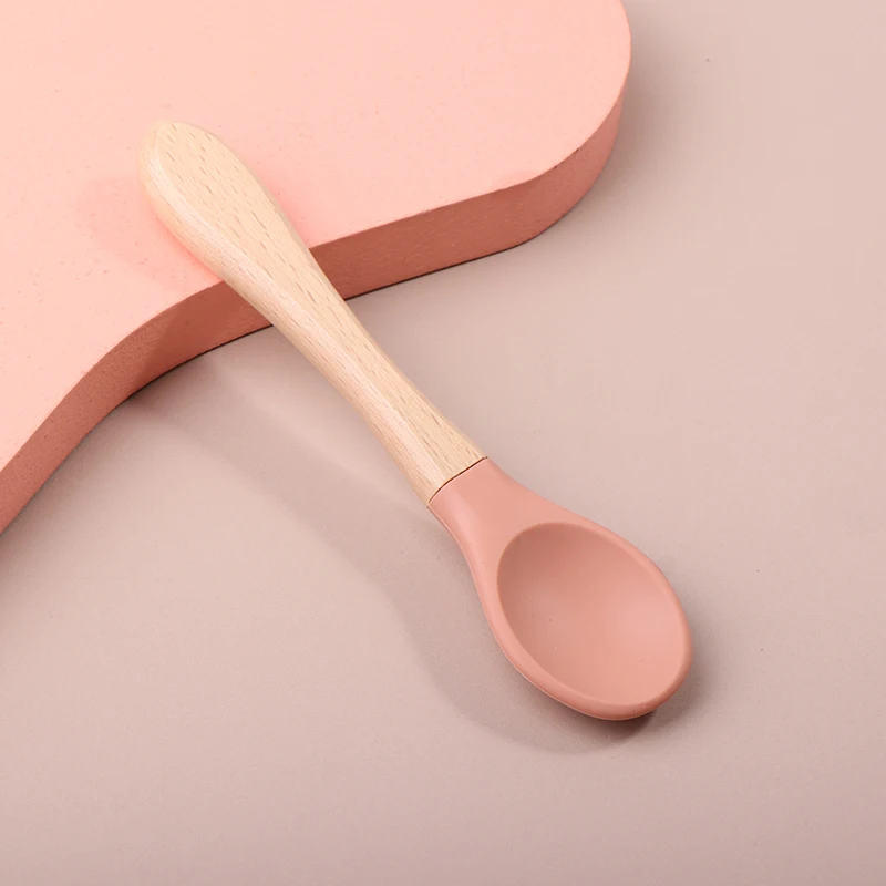 Cucchiaio di legno per bambini cucchiaio per l'alimentazione del bambino in legno di Silicone cucchiaio con punta morbida manico in materiale alimentare senza BPA per regali per bambini piccoli