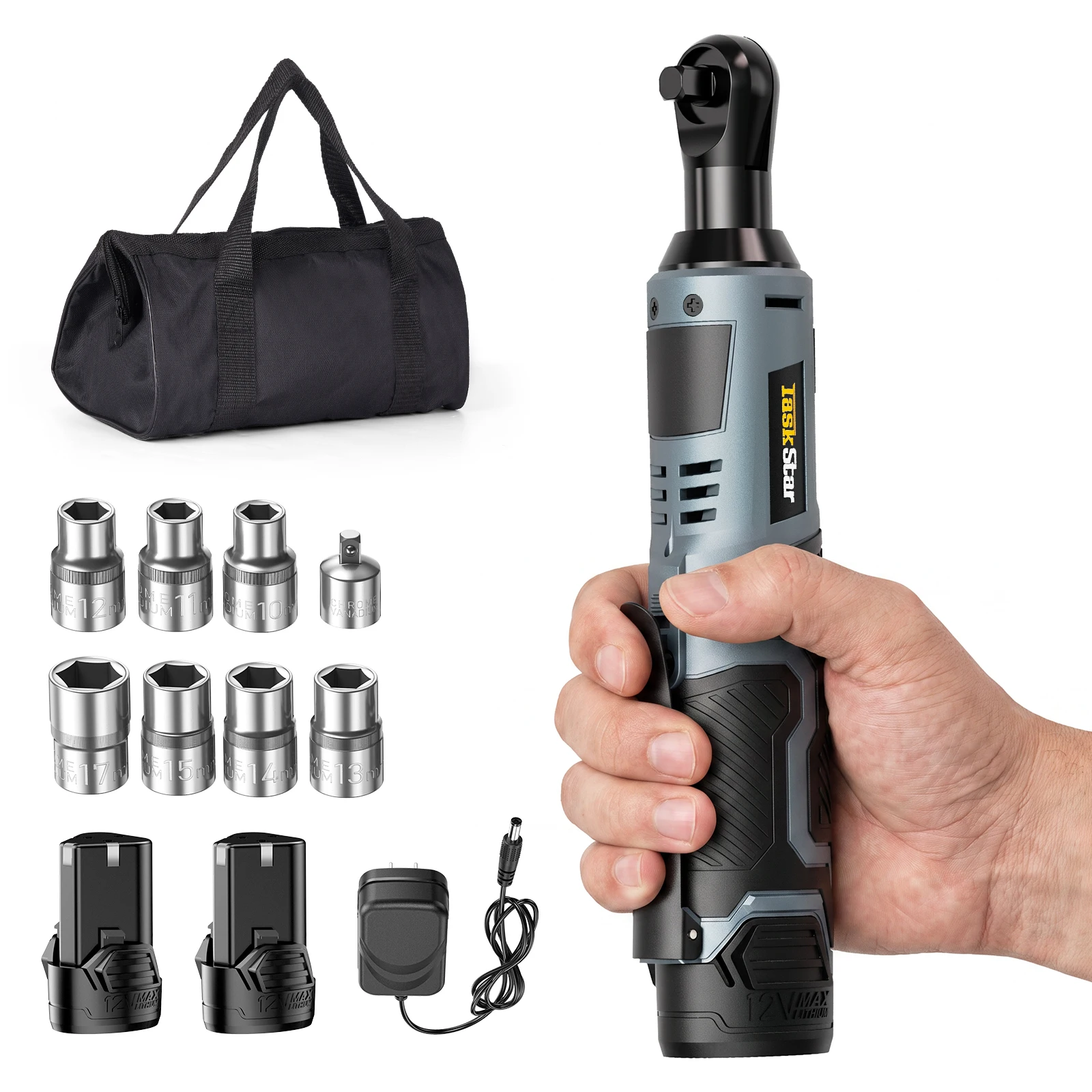 TaskStar Cordless Ratchet Wrench Kit 3/8-inch Ratchet 40N.m(max) Electric Power Angle Wrench with Variable Speed Trigger 0-200 RPM, Handheld Car Disassembly Tool with 2 Packs 2000mAh Lithium-Ion Battery&1 Charger&7 Sockets