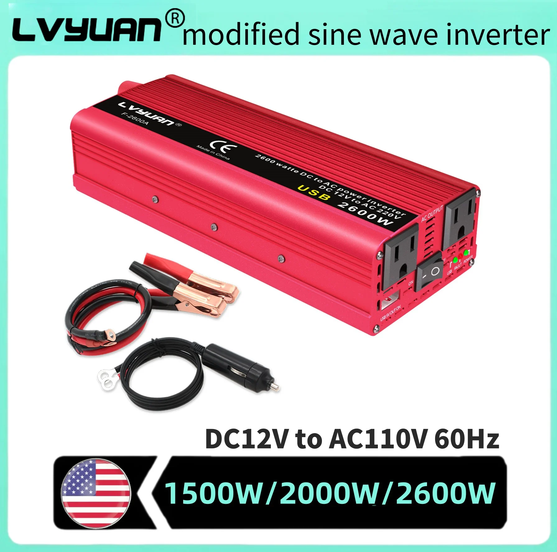 

1500W/2000W/2600W Car Inverter DC12V AC110V Power Inversor Portable Outdoor Charger Adapter For Phone/Laptop/Camera US Socket