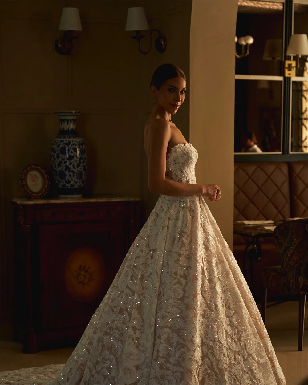 Kyoto Customized Ivory Flower Lace Strapless Wedding Dress Glitter Sweetheart Neck vestidos de novia A-Line Long Train Formal image 4