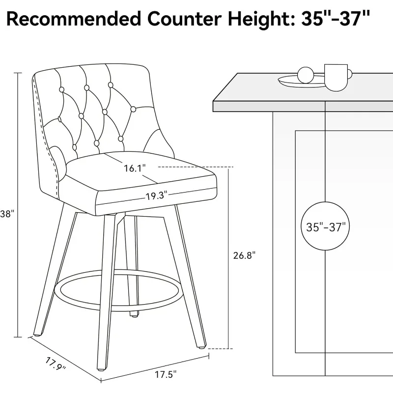 Taburetes de bar giratorios con altura de mostrador con respaldo, taburetes de mostrador tapizados de tela con altura de asiento de 26" de alto para isla de cocina