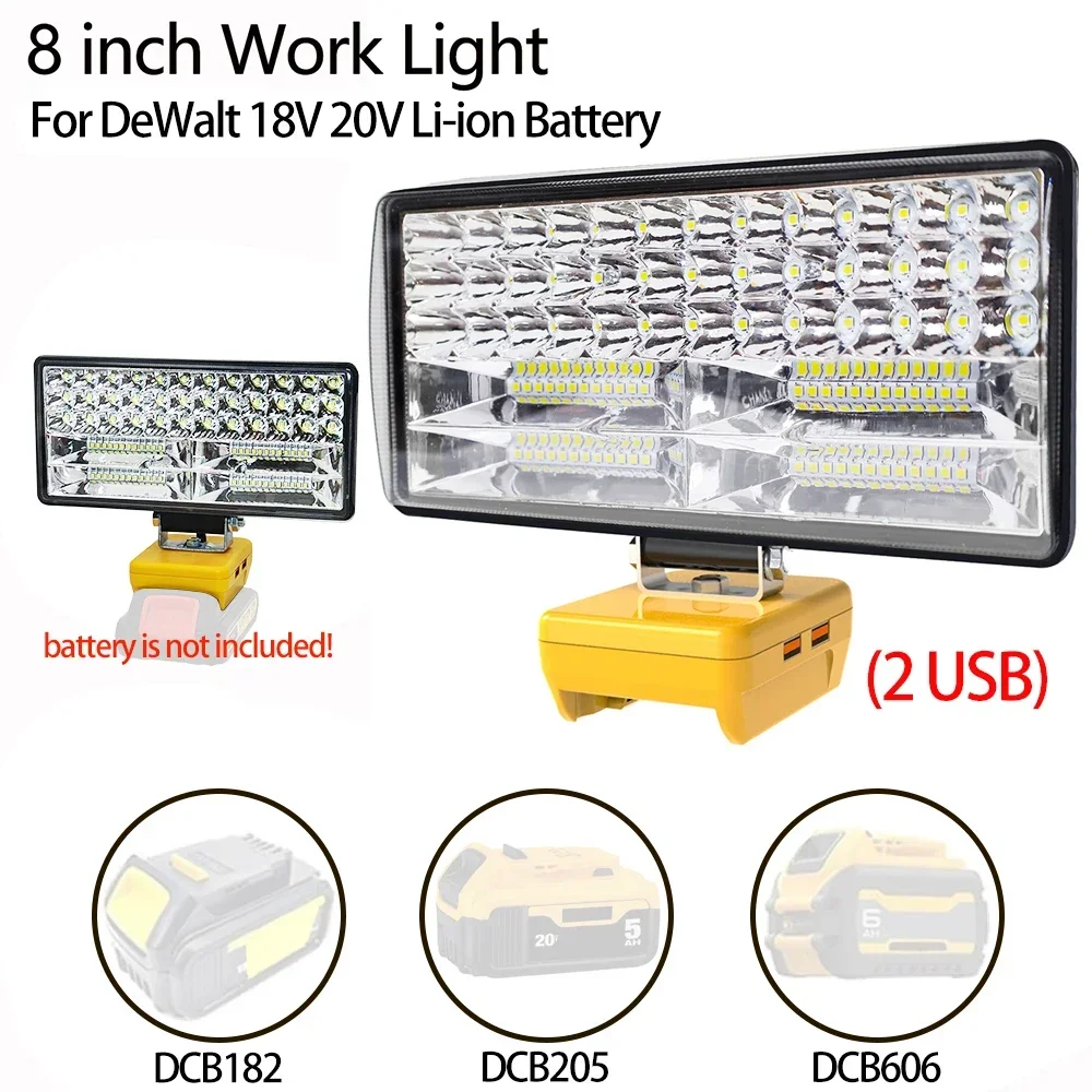 

8 Inch Car LED Work Light Flashlight Electric Torch Spotlight For Dewalt DCB206 DCB606 18V 20V 60V Li-ion Battery USB Power Bank