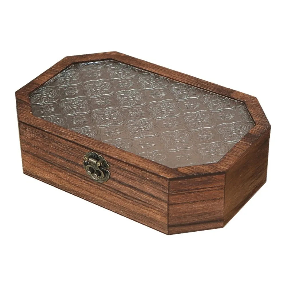 

Large Capacity Begonia Flowers Wooden Storage Box Flip Cover Dustproof Jewelry Box Decorative Vintage Glass-Lid Box Vanity Table