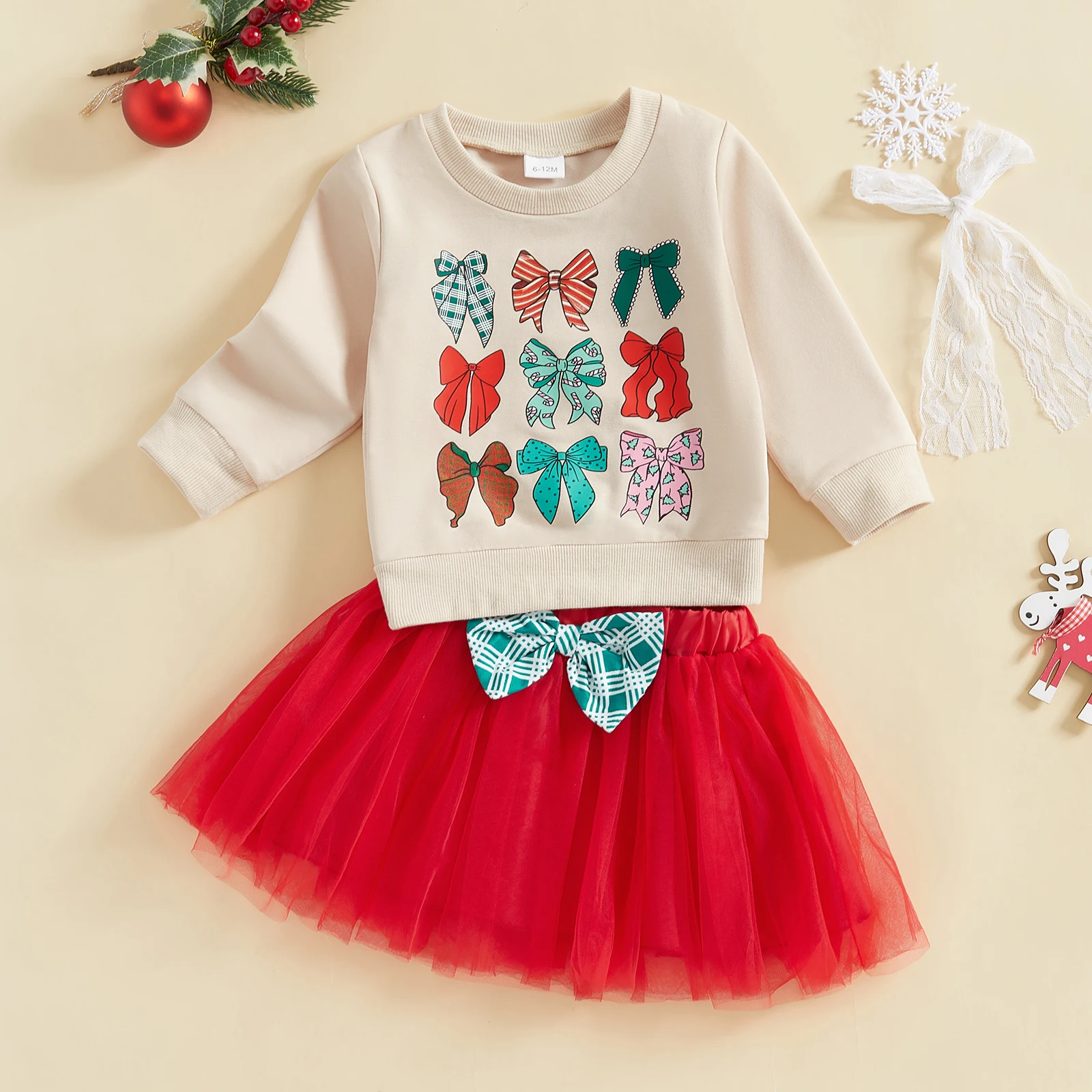 

1-4Years Infant Baby Girls Kids Fall Outfits Bow Print Long Sleeve Sweatshirts with Red Tulle Tutu Skirts 2Pieces Christmas Sets