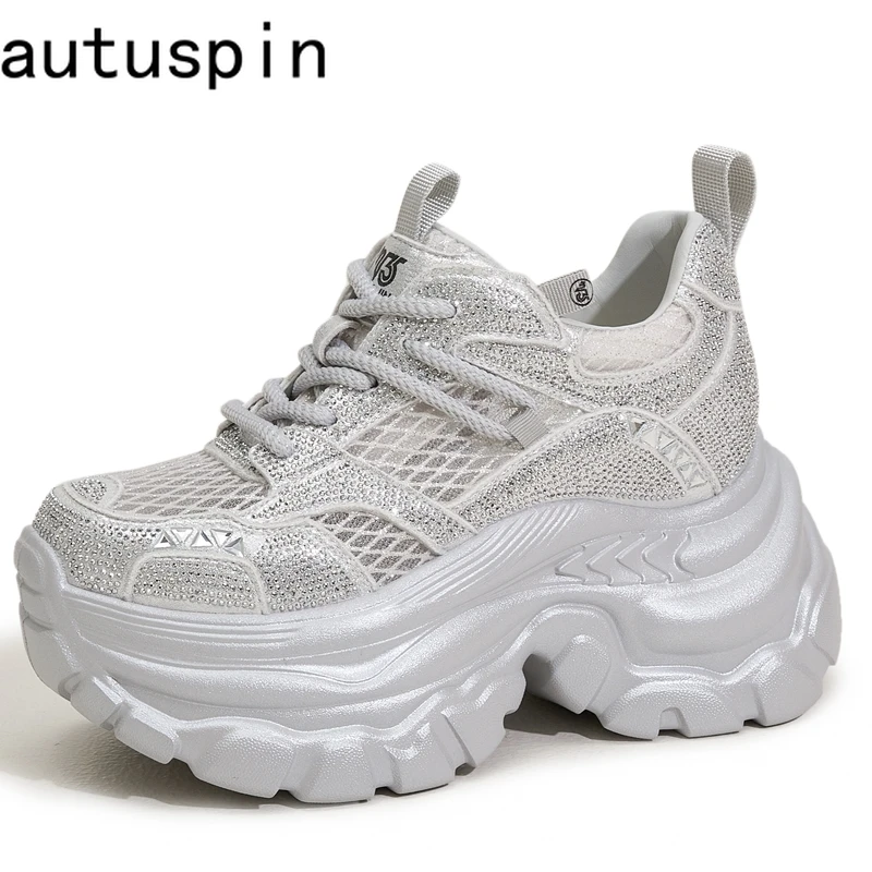 

AUTUSPIN 9cm Women Internal Heighten Shoes Summer Patchwork Mesh Crystal Shiny Shoes Ladies Thick Bottom Platform Chunky Sneaker