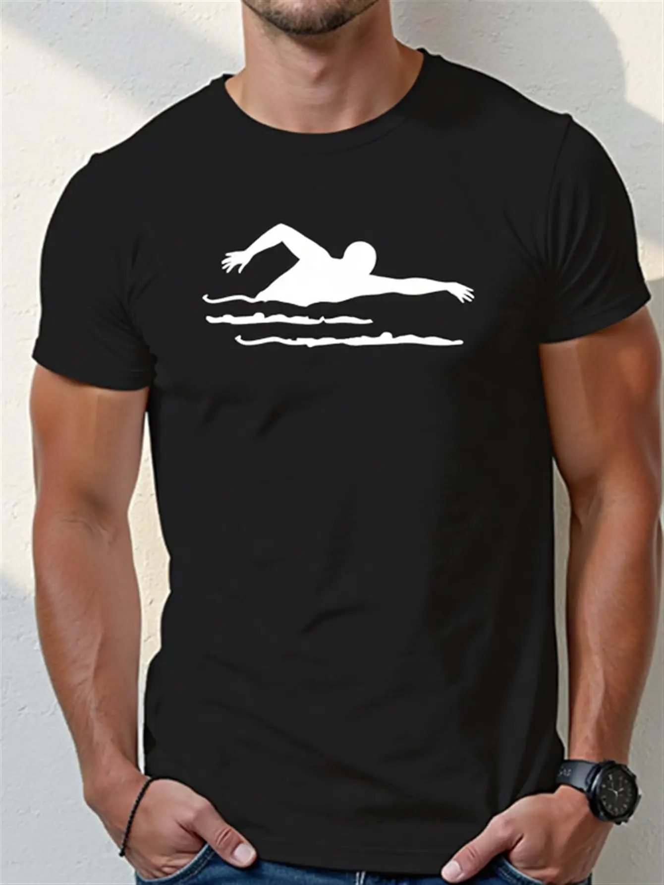 

Beach Vibe Men's Short-Sleeve Shirt, Stylish Black Swimwear Design with Palm Tree and Ocean Patterns, Soft and Breathable Fabric, Regular Fit Casual T-Shirt Suitable for Beach, Pool, and Summer Activities