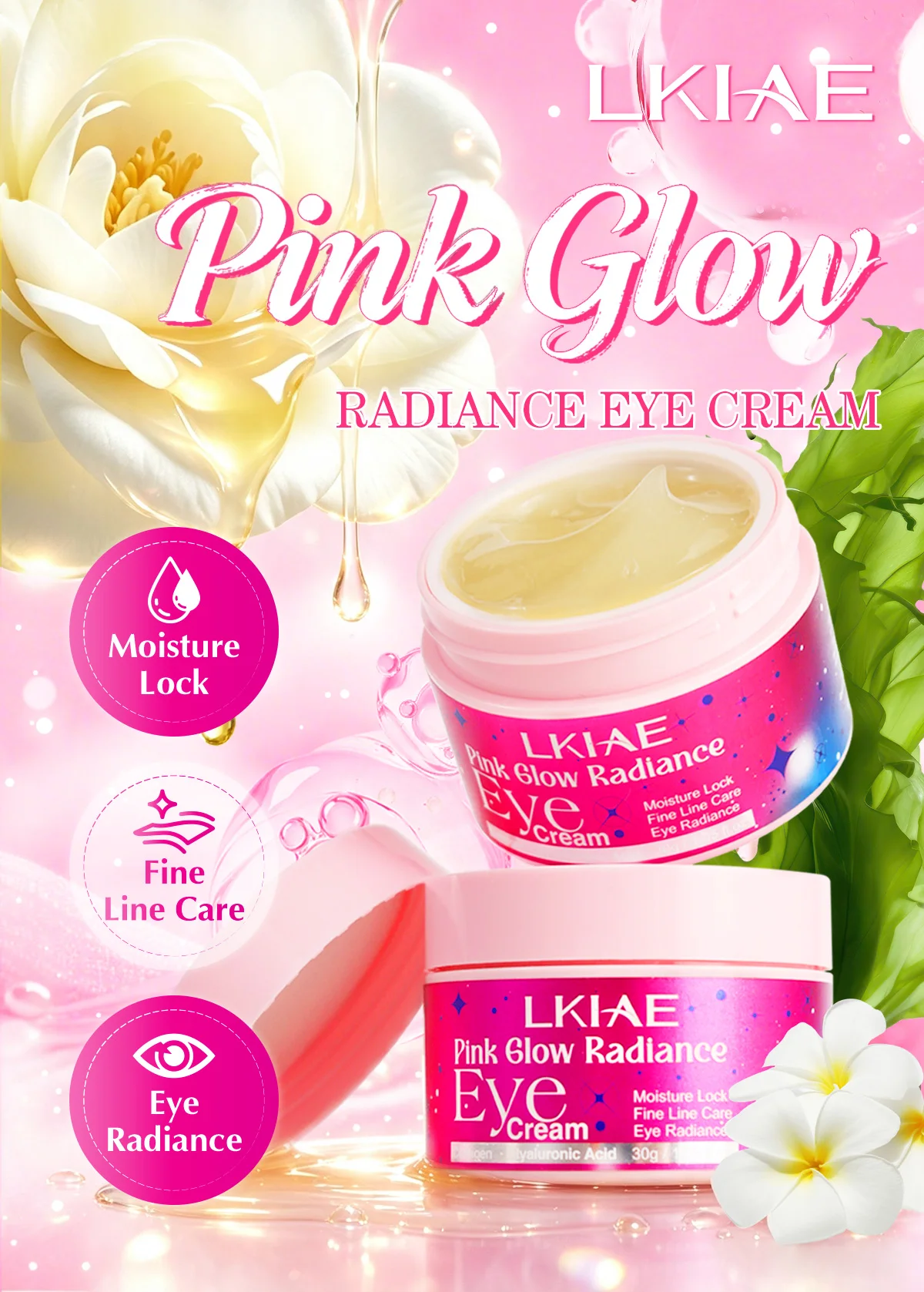 LKIAE Pink Glow Radiance Augencreme, Feuchtigkeitsspendend, Anti-Falten, Gegen Feine Linien, Dunkle Augenringe, Mit Hyaluronsäure, Kamelie, Kollagen – Detail 1