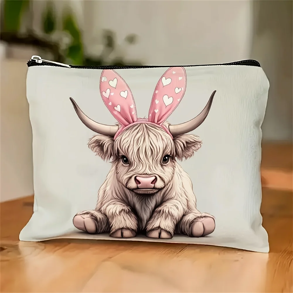 

A Cute Cow And Rabbit Ear Printed Makeup Bag- Multifunctional Zipper Pouch, Jewelry Storage Bag, Perfect Travel Zipper Small Sto