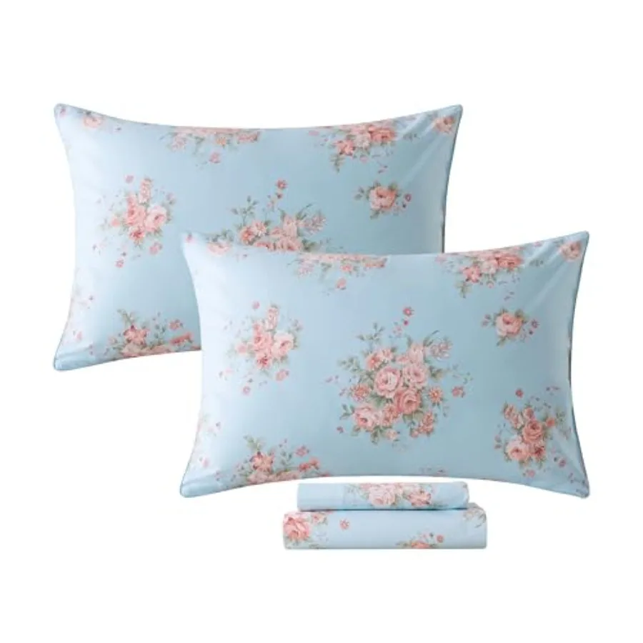 

Sheets Set Blue Rose Floral Bedding Rustic Peony Flower Bed Sheet Set Vintage Farmhouse Bedding 100% Cotton Ultra Soft Breathab