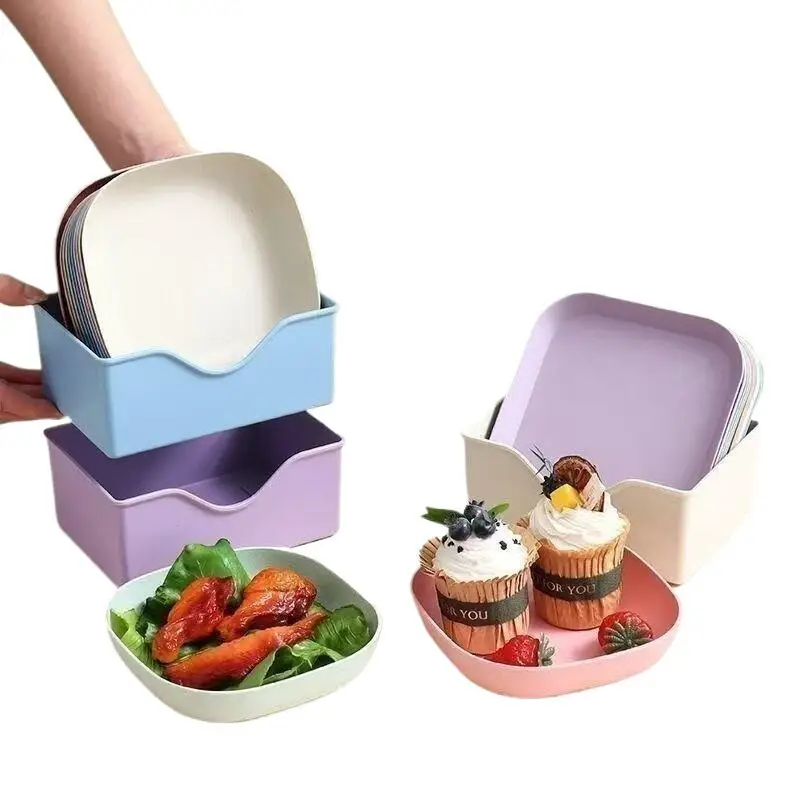 【H】10pcs Snack Plate Macaron Color Simple Straw Bone Spitting Plate Set Candy Fruit Cookie Cake Storage Tray Kitchen Accessories